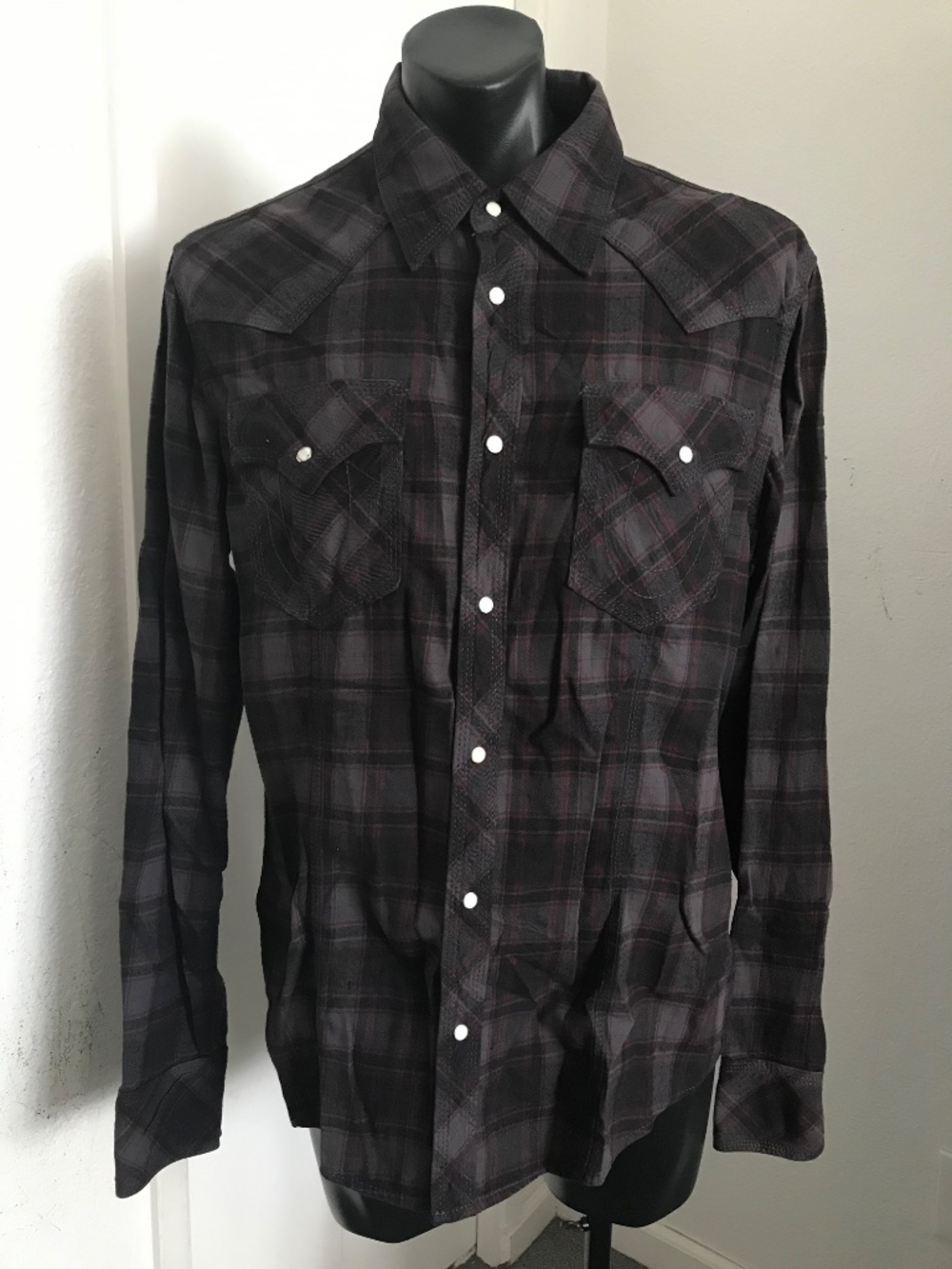 True Religion Plaid Western Button-Up Shirt Men’s XXL Gray Red Y2K